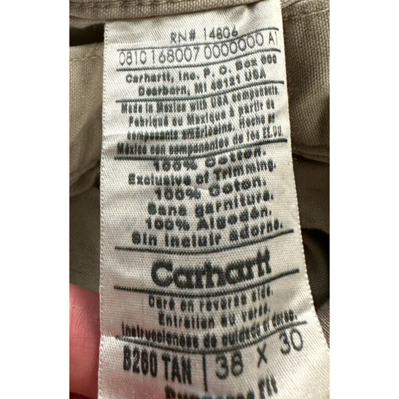 CARHARTT Mens 38x30 Original Dungaree Fit Carpenter Cargo Pants Tan Khaki B260 - Picture 10 of 10